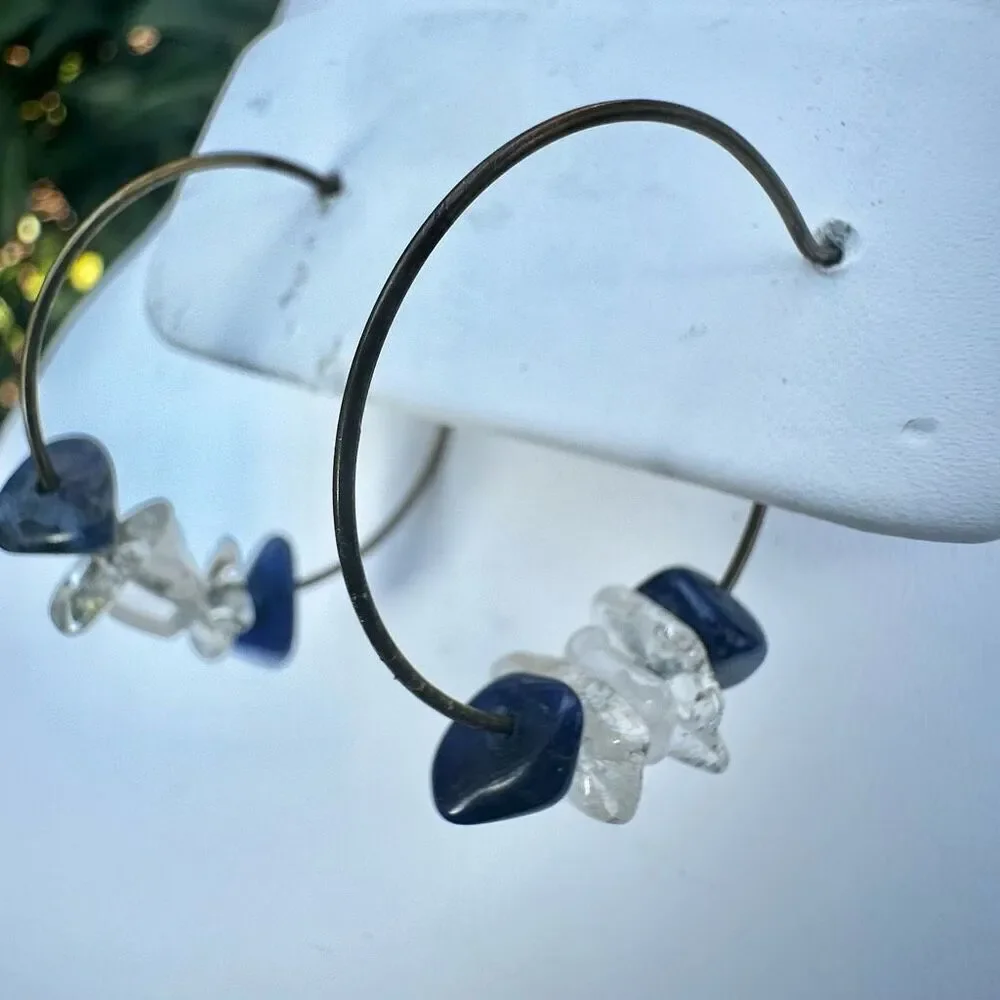 Clear quartz lapis chip hoop earrings clear quartz